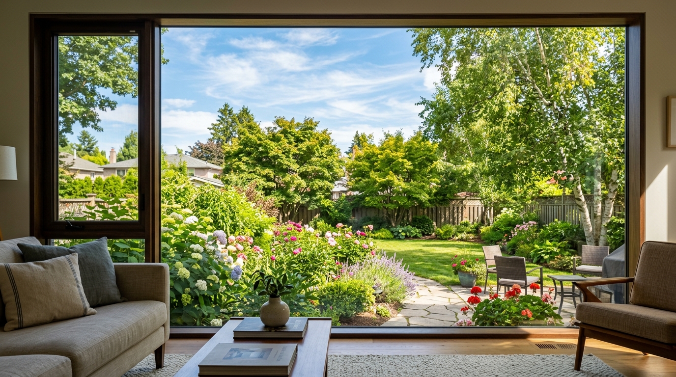 Spotless crystal-clear residential window glass overlooking lush garden after Next Pane cleaning