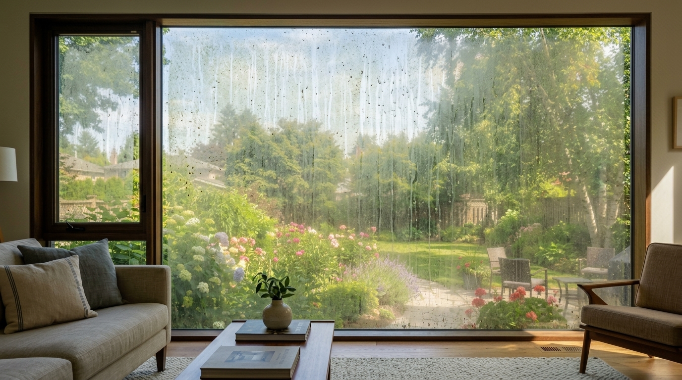 Hazy dirty window glass with water drip streaks, hard water mineral haze, and pollen prior to cleaning